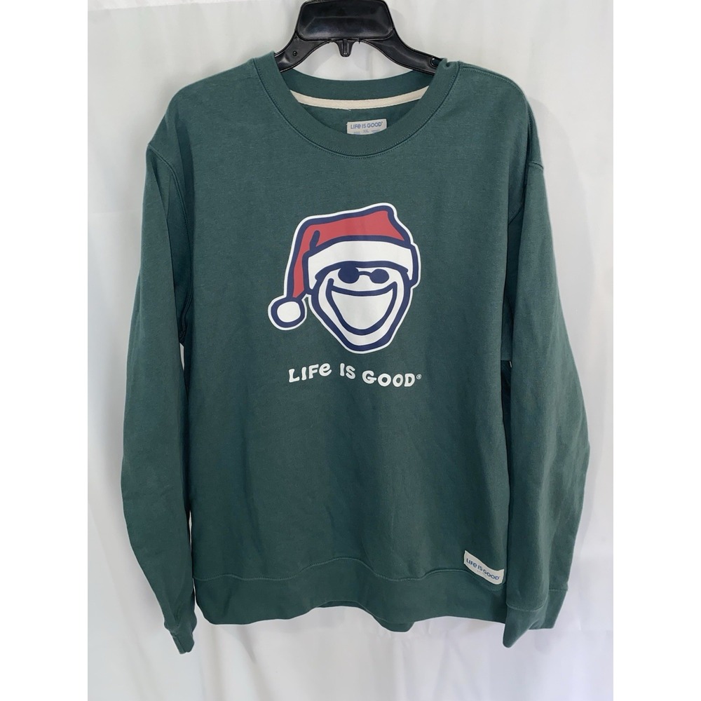 Life Is Good Hoodie XXL Green Christmas Santa Hat Smiley Sweatshirt